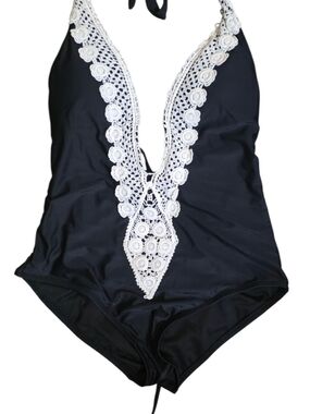 Mossimo Supply Co. Black One-Piece Swimsuit with White Crochet Trim